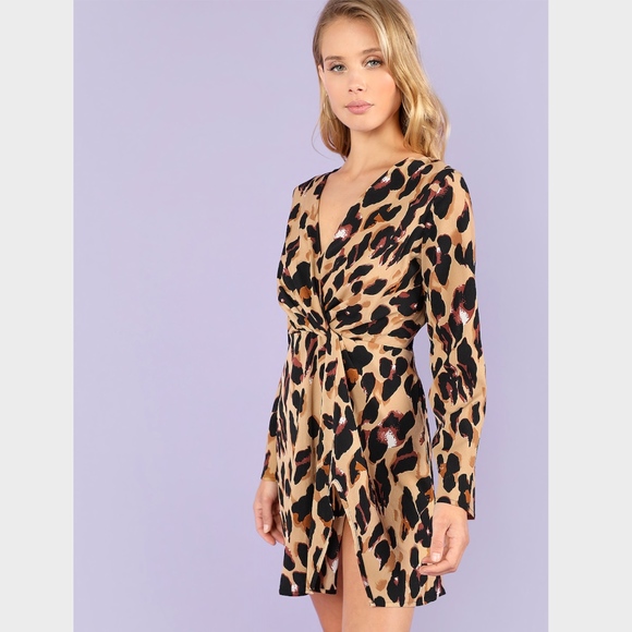 Deep V-neck Leopard Twisted Front A-Line Dress - Picture 3 of 6